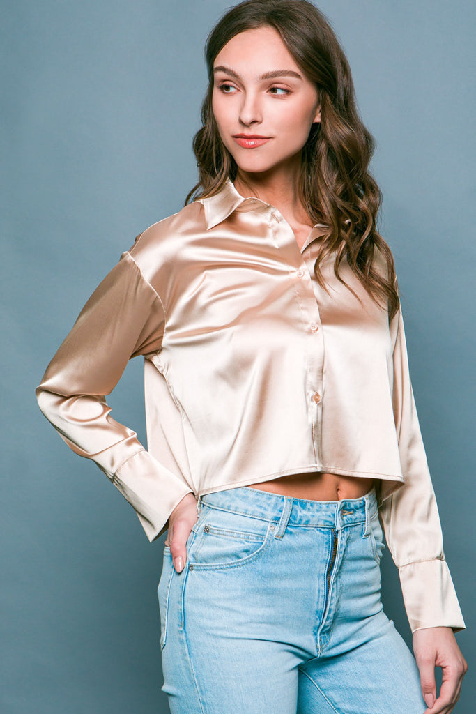 Champaign Semi Cropped Satin Blouse-Love Tree-Ella G Boutique, Women's Fashion Boutique Located in Warrrington, PA