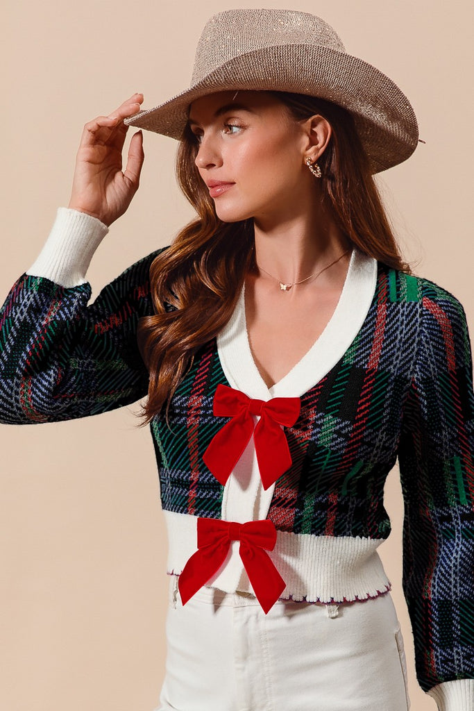 Festive Plaid Bow Cardigan-So Me-Ella G Boutique, Women's Fashion Boutique Located in Warrrington, PA