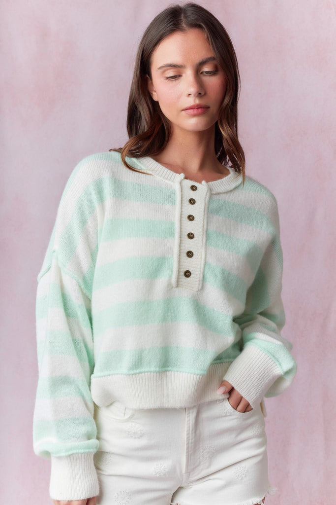 Striped Button Sweater Pullover-peach love-Ella G Boutique, Women's Fashion Boutique Located in Warrrington, PA