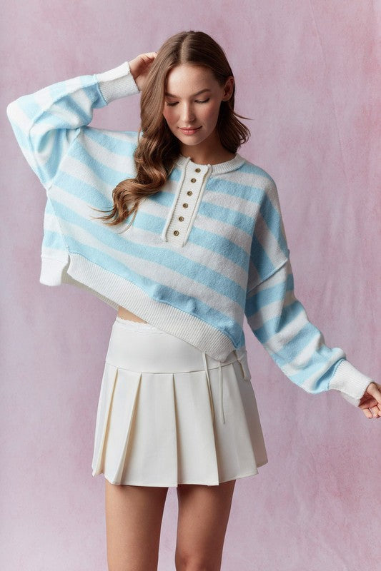 Striped Button Sweater Pullover-peach love-Ella G Boutique, Women's Fashion Boutique Located in Warrrington, PA