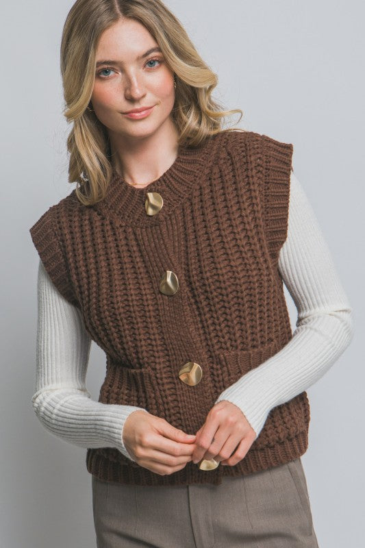 Knit Sweater Vest with Gold Buttons-Love Tree-Ella G Boutique, Women's Fashion Boutique Located in Warrrington, PA