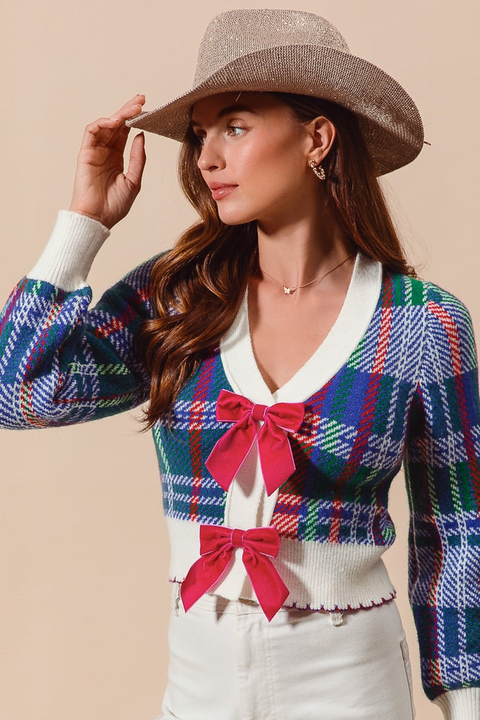 Festive Plaid Bow Cardigan-So Me-Ella G Boutique, Women's Fashion Boutique Located in Warrrington, PA