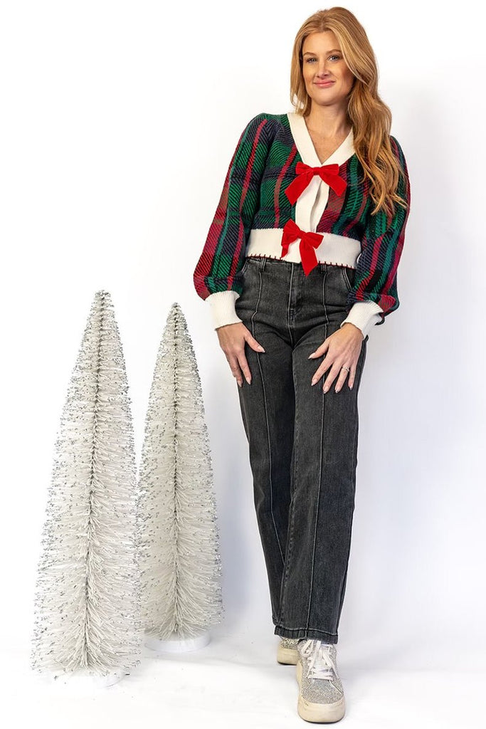 Festive Plaid Bow Cardigan-So Me-Ella G Boutique, Women's Fashion Boutique Located in Warrrington, PA