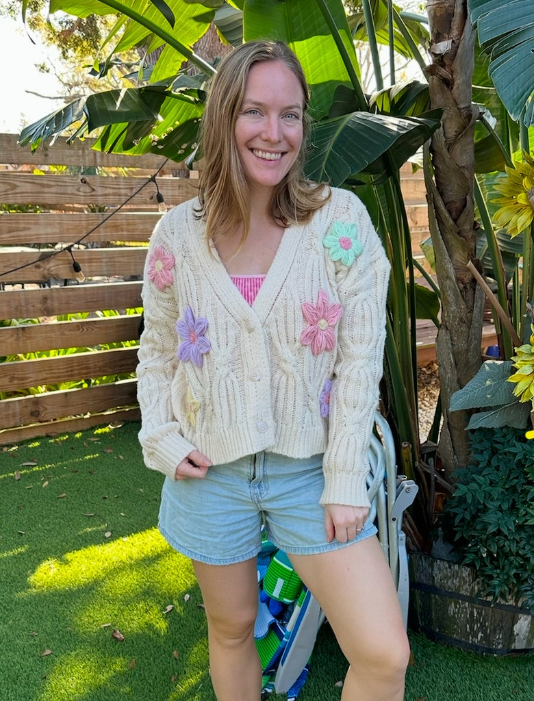 Cream Knit Flower Cardigan-very j-Ella G Boutique, Women's Fashion Boutique Located in Warrrington, PA