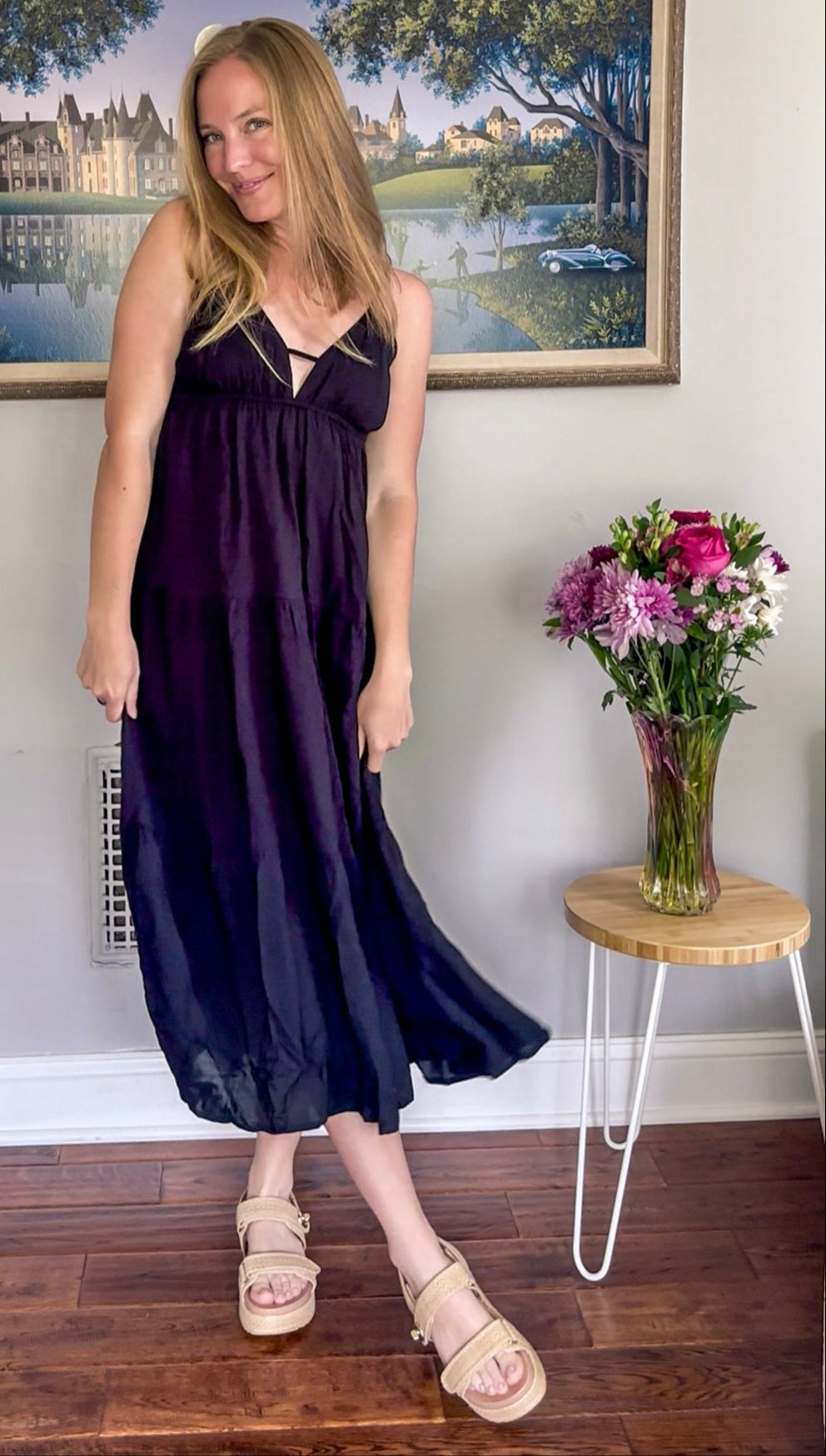 knee length dresses for ladies Tiered Tie Shoulder Midi Cami Dress Tan / S