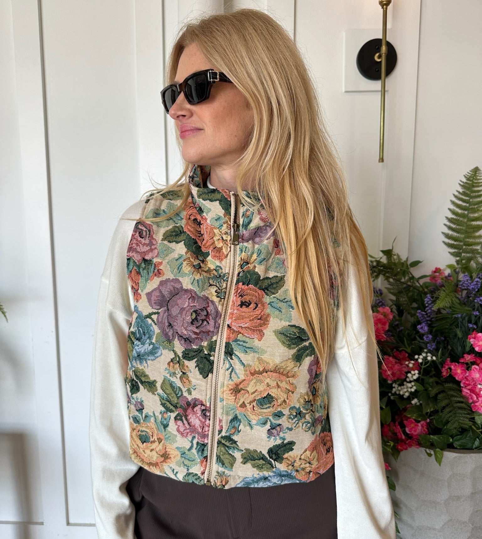 haptics Floral Jacquard Zip up Vest | Ella G Boutique