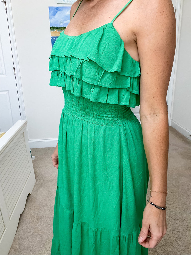Emerald Green Smock Waist Midi Dress-Rokoko Love-Ella G Boutique, Women's Fashion Boutique Located in Warrrington, PA