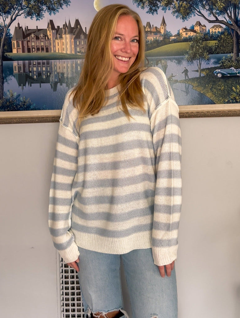 Denim and White Striped Sweater-bibi outlet-Ella G Boutique, Women's Fashion Boutique Located in Warrrington, PA
