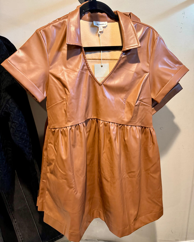 Camel Leather Collared Dress-eesome-Ella G Boutique, Women's Fashion Boutique Located in Warrrington, PA