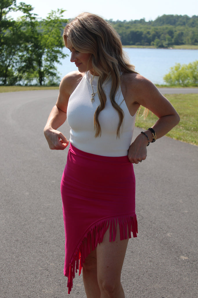 Pink Asymmetrical Fringe Skirt-peach love-Ella G Boutique, Women's Fashion Boutique Located in Warrrington, PA