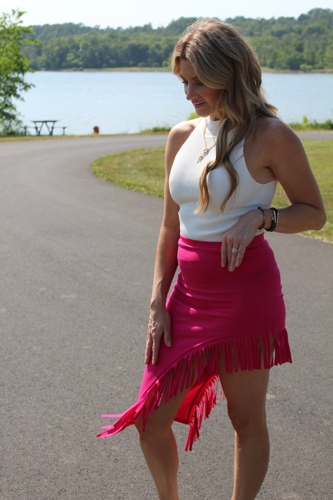 Pink Asymmetrical Fringe Skirt-peach love-Ella G Boutique, Women's Fashion Boutique Located in Warrrington, PA