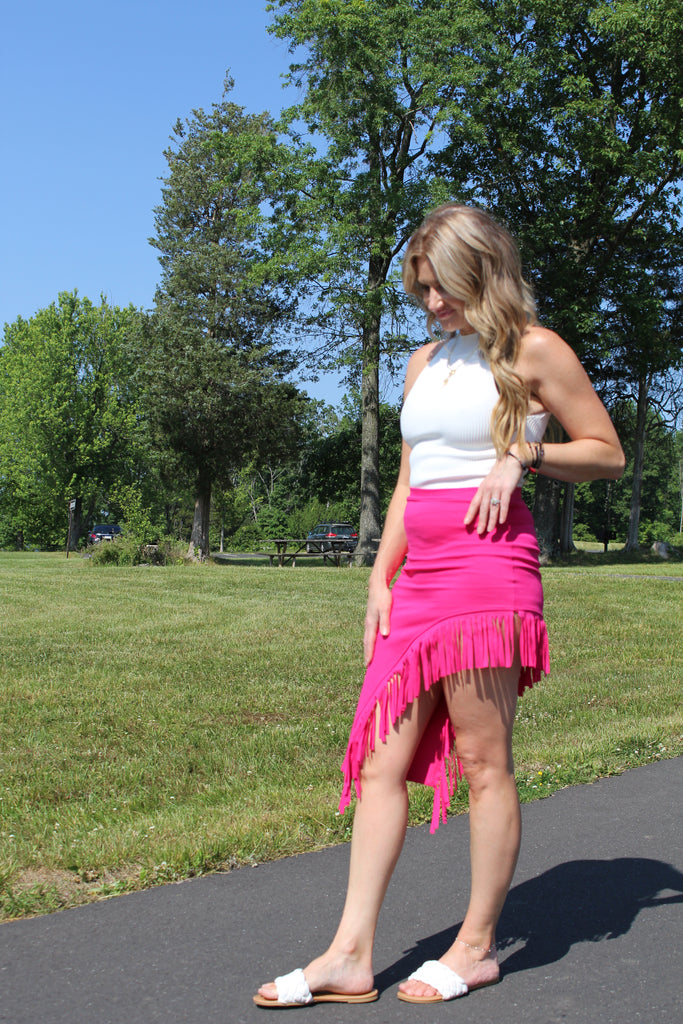 Pink Asymmetrical Fringe Skirt-peach love-Ella G Boutique, Women's Fashion Boutique Located in Warrrington, PA