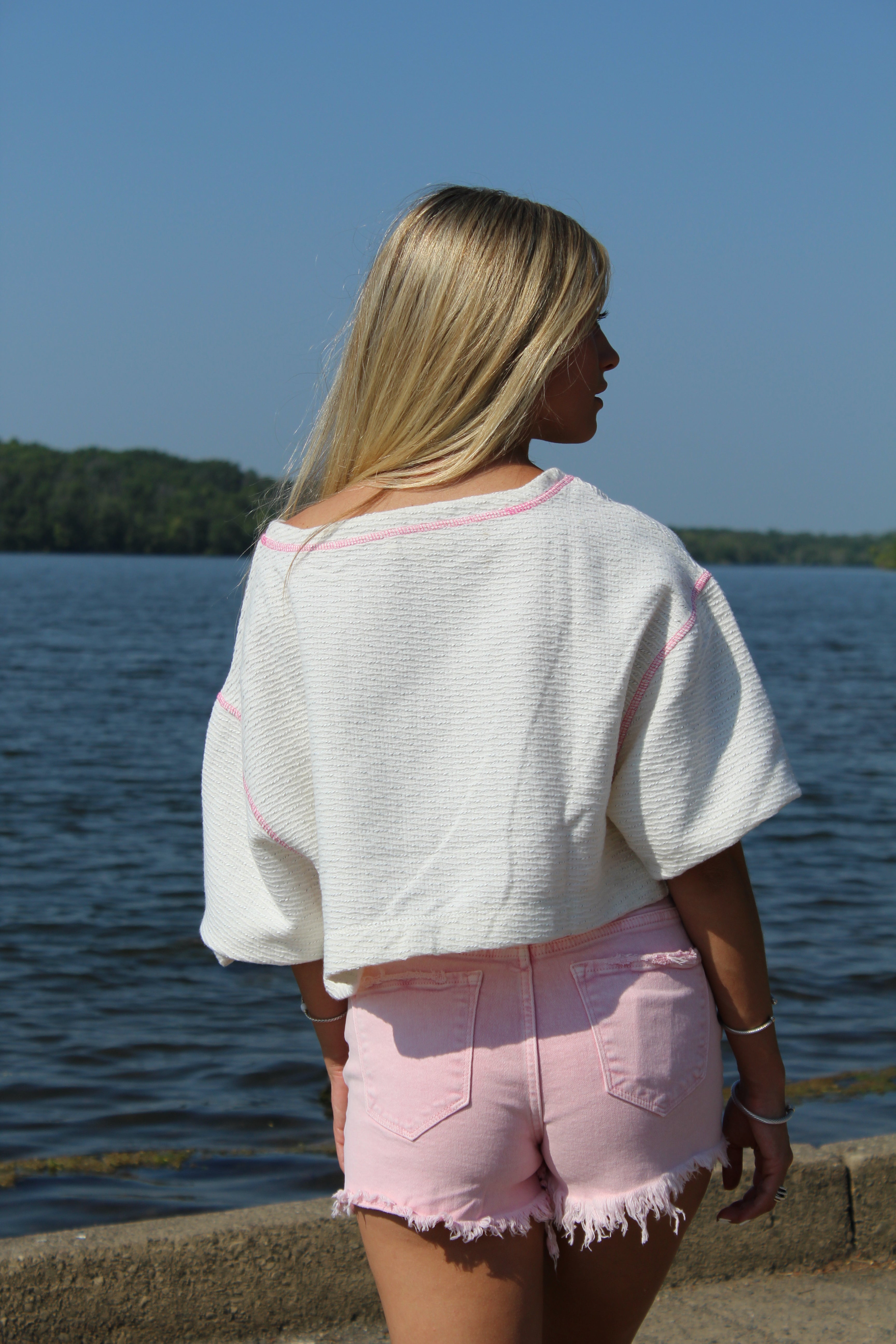 Pink Frayed Risen Denim Shorts