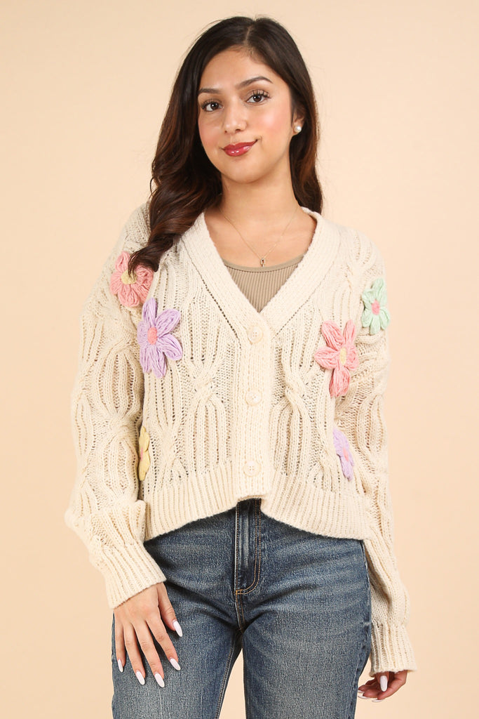 Cream Knit Flower Cardigan-very j-Ella G Boutique, Women's Fashion Boutique Located in Warrrington, PA