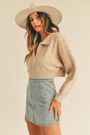 Collar Cable Knit Cropped Sweater-Mable-Ella G Boutique, Women's Fashion Boutique Located in Warrrington, PA