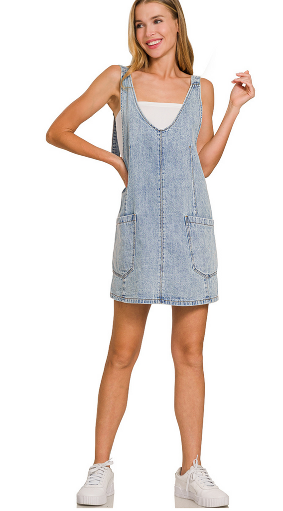 Blue Washed Adjustable Denim Dress-zenana-Ella G Boutique, Women's Fashion Boutique Located in Warrrington, PA
