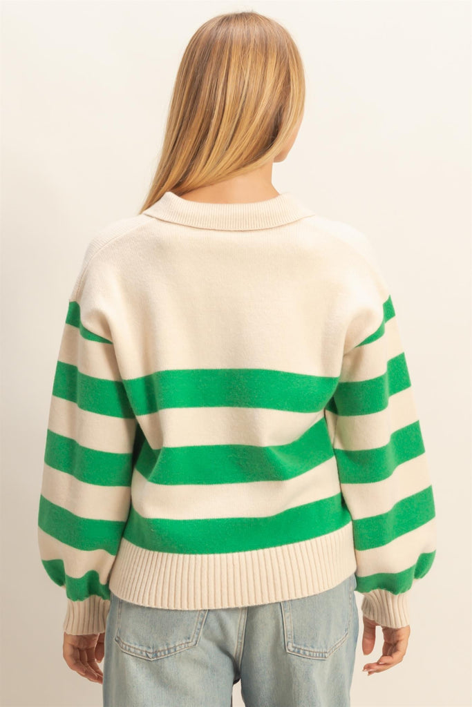 Green Striped Polo Sweater-HyFve-Ella G Boutique, Women's Fashion Boutique Located in Warrrington, PA