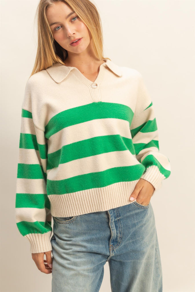 Green Striped Polo Sweater-HyFve-Ella G Boutique, Women's Fashion Boutique Located in Warrrington, PA