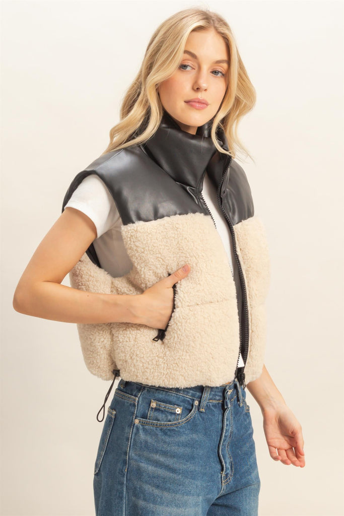 Sherpa Leather Contrast Puffer Vest-HyFve-Ella G Boutique, Women's Fashion Boutique Located in Warrrington, PA