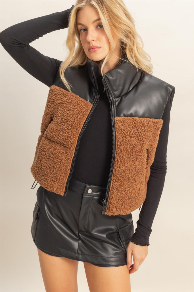 Sherpa Leather Contrast Puffer Vest-HyFve-Ella G Boutique, Women's Fashion Boutique Located in Warrrington, PA
