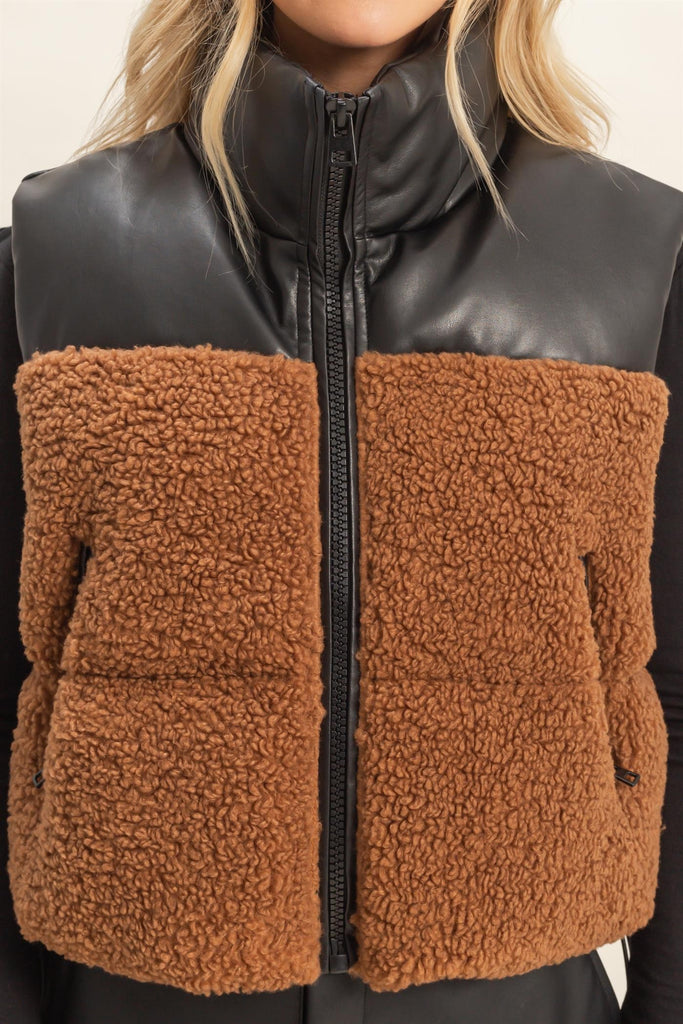 Sherpa Leather Contrast Puffer Vest-HyFve-Ella G Boutique, Women's Fashion Boutique Located in Warrrington, PA
