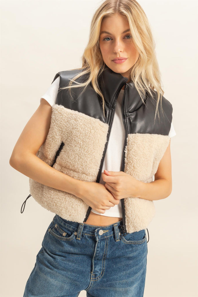 Sherpa Leather Contrast Puffer Vest-HyFve-Ella G Boutique, Women's Fashion Boutique Located in Warrrington, PA