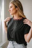 Black T-Shirt with Pink Striped Collar