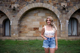 White Floral Cropped Tie Tank